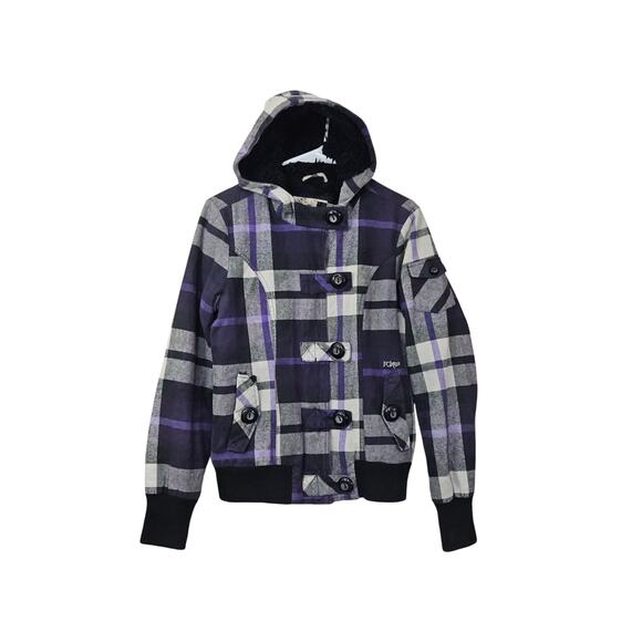 Fox Jackets & Blazers - Y2K Fox Rider Faux Fur Lined Plaid Hoodie Jacket Purple/Black Size Medium